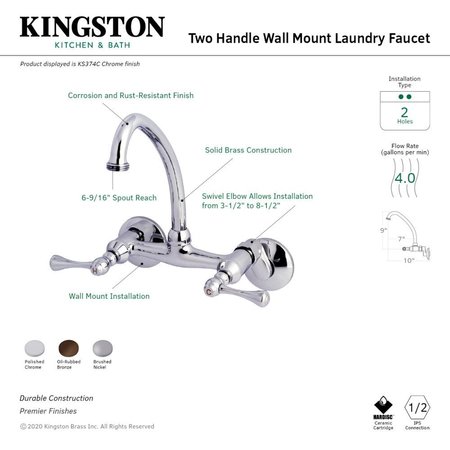 Kingston Brass KS374ORB Kingston Two Handle Wall Mount Laundry Faucet, Oil Rubbed Brnz KS374ORB